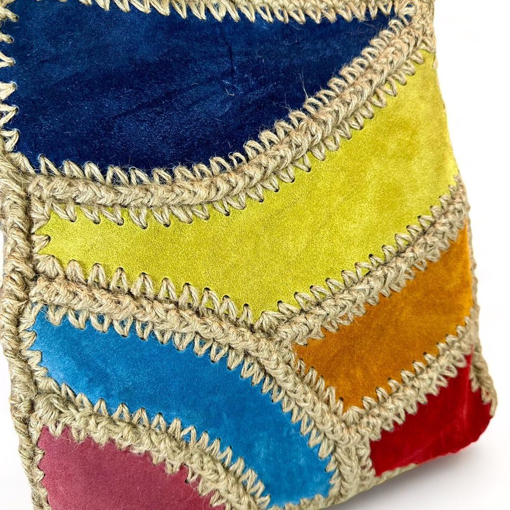 70's Woven Jute with Multicolor Patches Crossbody-Shoulder Bag, Made in Italy